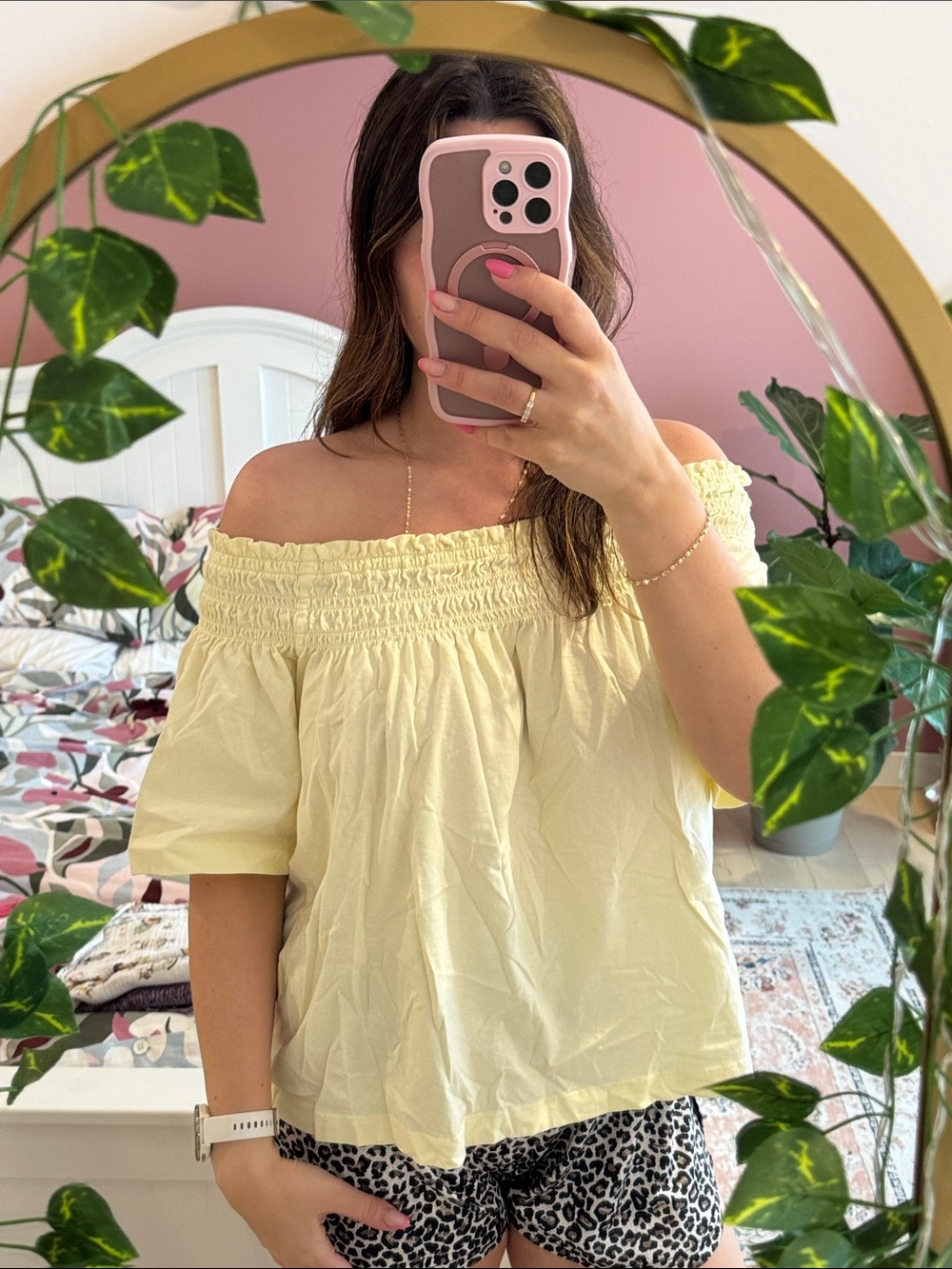 H&M Pale Yellow Off-Shoulder Smocked Top